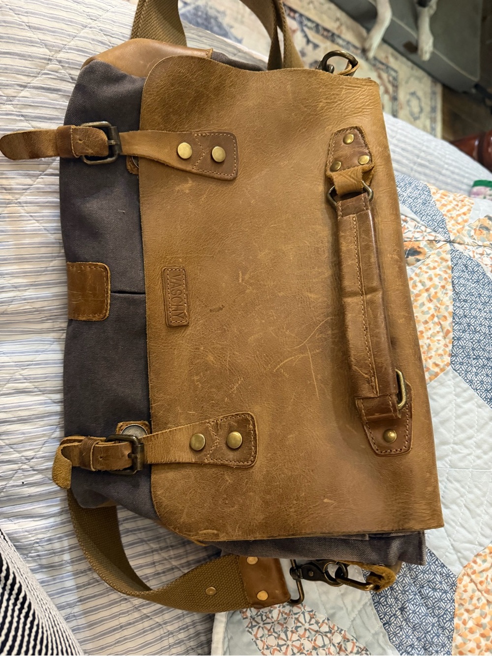Vaschy Vintage Brown Leather Canvas Messenger Bag
